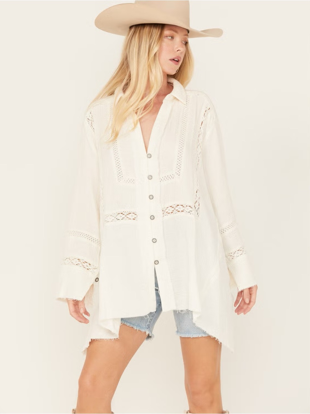 Free People Cream Crochet-Trim Button Down Shirt